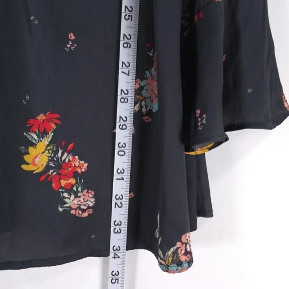 Free People Mini Dress Floral LS Slit Cuffs Tie Vneck Flare Silky Midnight LARGE